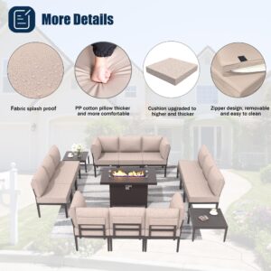 Rwnnad Modern Patio Furniture Set, 15 Pieces Modern Patio Conversation Set w/43in Gas Fire Pit Table, Outdoor Metal Sectional Sofa with Coffee Table, Sand