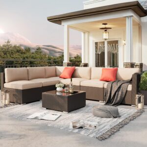 SUNCROWN 7-Piece Outdoor Patio Furniture Sofa Set All-Weather Black Wicker Sectional Conversation Set with Modern Glass Coffee Table and Cushions (Brown)