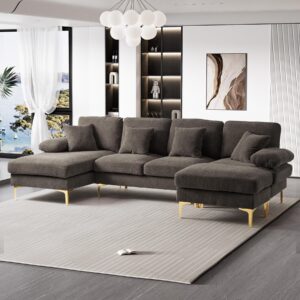 ouyessir u-shaped sectional sofa couch, 4 seater sofa set for living room, 110" convertible l-shaped chenille couch set with chaise lounge, ottoman and pillows (grey)