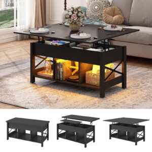 hlivelood lift top coffee table, 4 in 1 living room multi-function led table with charging station&led lights, farmhouse convertible lift center table w/storage and hidden compartmen