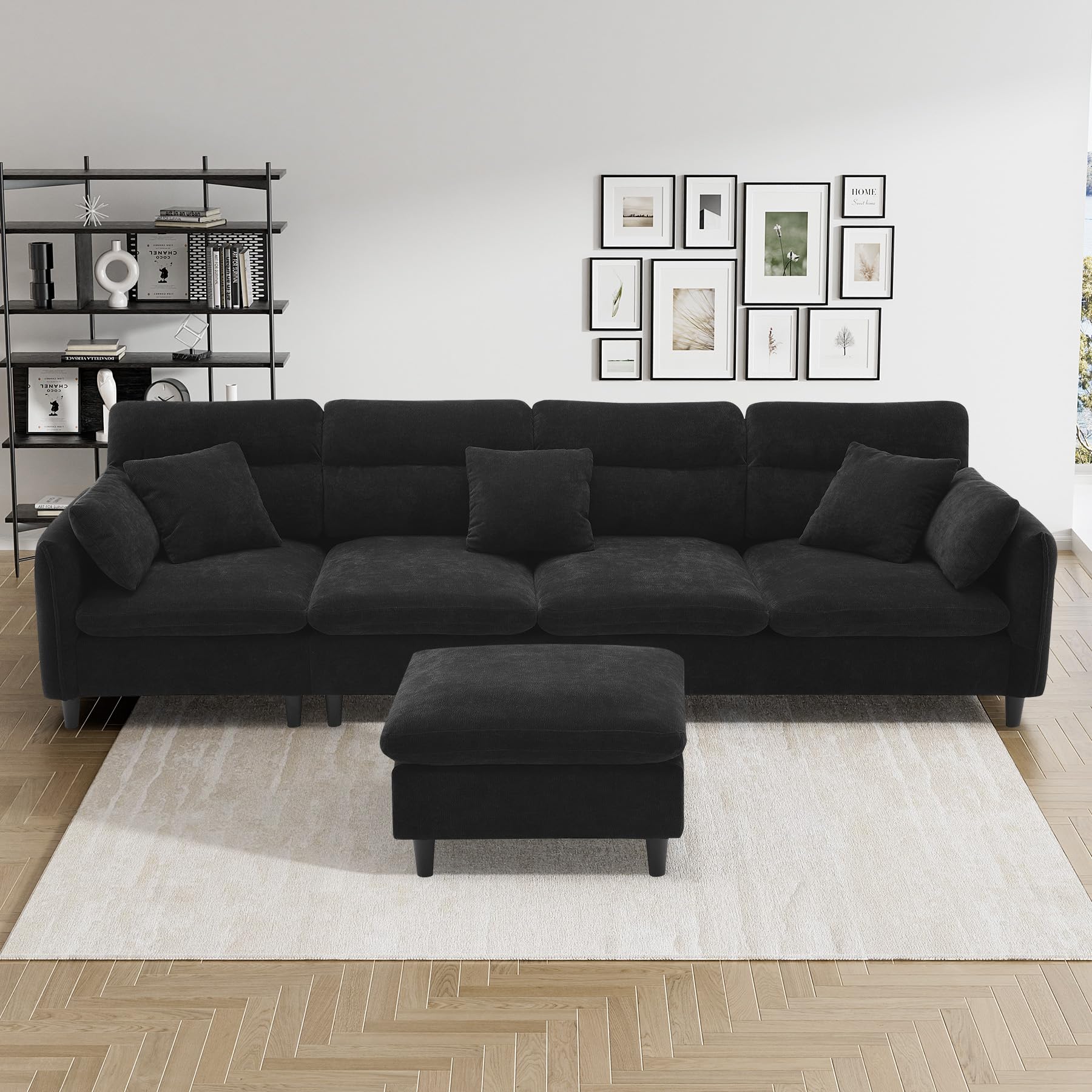 ONEMMLION L Shape Sectional Cloud Couches for Living Room, 110" Comfy Modular Sectional Sofa with Ottoman, Modern Fluffy Chenille 5-Seater Convertible Sofa Set with Chaise Lounge, Black