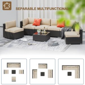 SUNCROWN 7-Piece Outdoor Patio Furniture Sofa Set All-Weather Black Wicker Sectional Conversation Set with Modern Glass Coffee Table and Cushions (Brown)