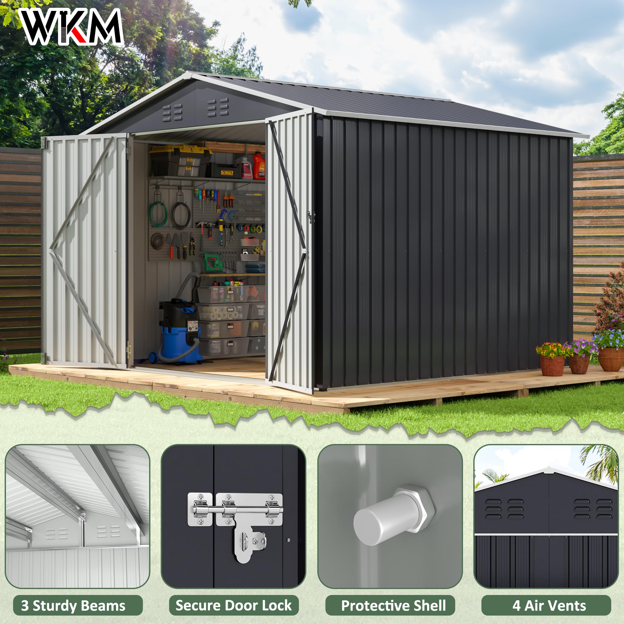 WKM 8x8 FT Outdoor Storage Shed, Utility Metal Tool Storage with Lockable Doors and Updated Frame Structure, Large Metal Garden Shed for Backyard, Patio Lawn, Black