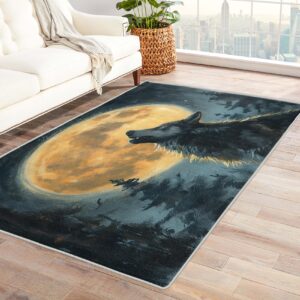 tzvjxln wolf moon rugs for living room bedroom - howling wolf rug 4x6 animal carpet for home decor - washable non slip patterned indoor small area rug - soft & low pile