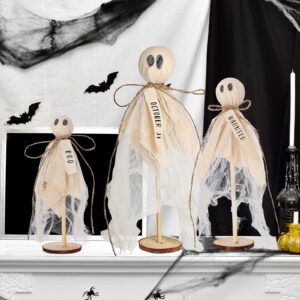 AMDBHC Halloween Decorations Indoor - 3 Set of Primitive Halloween Ghosts on Wooden Stand Spooky Halloween Ghosts Decor for Table Centerpieces Tiered Trays Shelves Mantels Home Halloween Décor