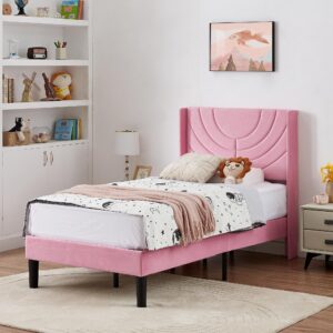 VECELO Twin Upholstered Platform Bed Frame with Fabric Headboard,Wooden Slats Support/No Box Spring Needed/Mattress Foundation for Girls,Boys,Pink