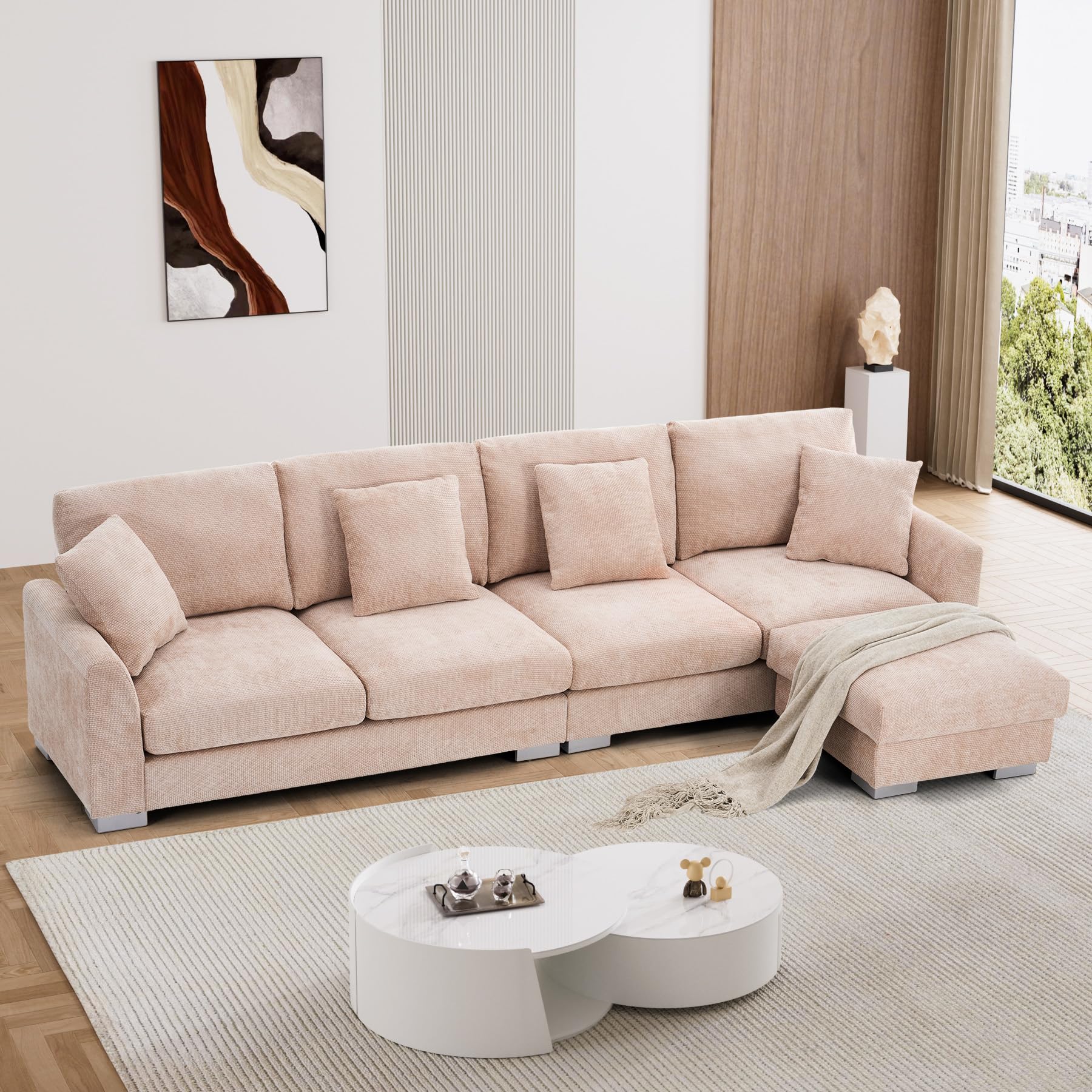 Wrofly Oversized L Shaped Sectional Sofa Couch, 113" Comfy Chenille Upholstered 5 Seat Modular Sofa Set with Convertible Ottoman, Modern Deep Seat Cloud Couch for Living Room Office, Pink