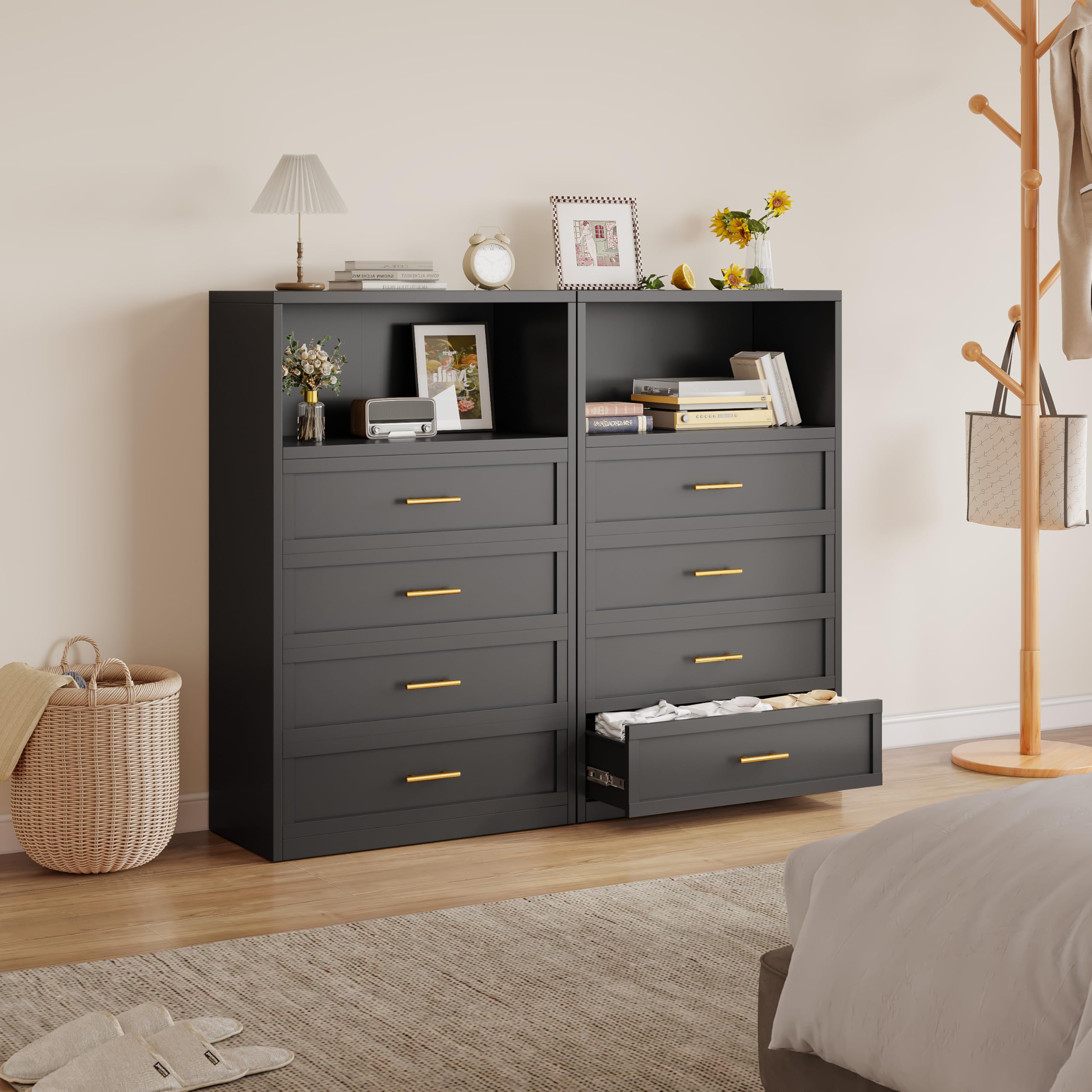 RISTERN 4-Drawer with Hollow Metal Dresser for Bedroom, Closet Dressers Chest with Fluted Panel, Tall Wide Dresser, Large Storage Space for Bedroom, Living Room, Black, 15.75" D x 31.5" W x 52.44" H