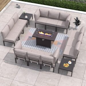 rwnnad modern patio furniture set, 15 pieces modern patio conversation set w/43in gas fire pit table, outdoor metal sectional sofa with coffee table, sand