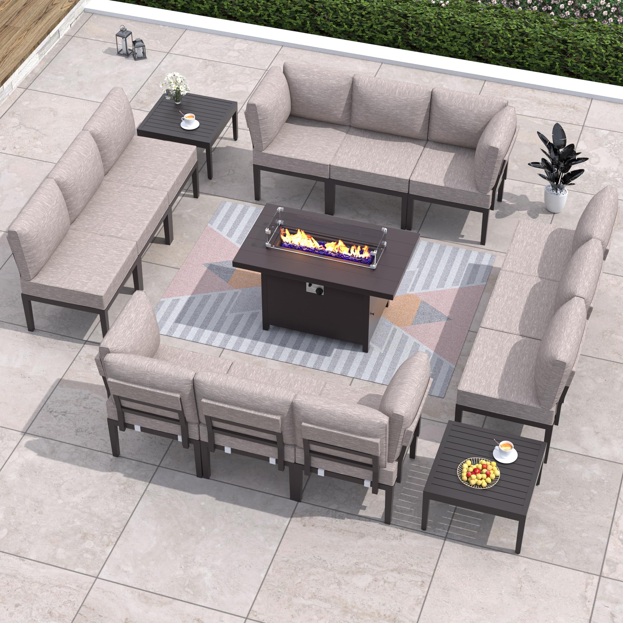 Rwnnad Modern Patio Furniture Set, 15 Pieces Modern Patio Conversation Set w/43in Gas Fire Pit Table, Outdoor Metal Sectional Sofa with Coffee Table, Sand