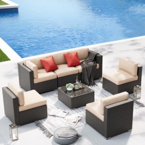 suncrown 7-piece outdoor patio furniture sofa set all-weather black wicker sectional conversation set with modern glass coffee table and cushions (brown)