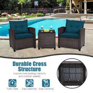 HAPPYGRILL 3 Pieces Patio Furniture Set Outdoor Furniture Rattan Wicker Chairs and Table Set, Balcony Porch Conversation Set with Washable Cushions & Tempered Glass Coffee Table (Blue)