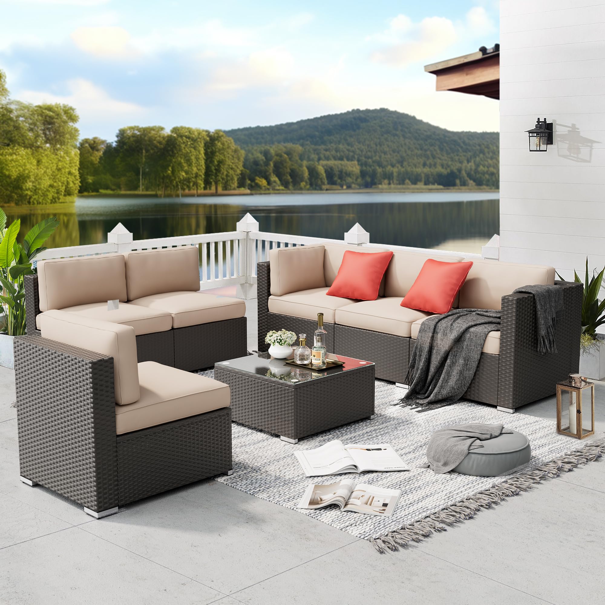 SUNCROWN 7-Piece Outdoor Patio Furniture Sofa Set All-Weather Black Wicker Sectional Conversation Set with Modern Glass Coffee Table and Cushions (Brown)