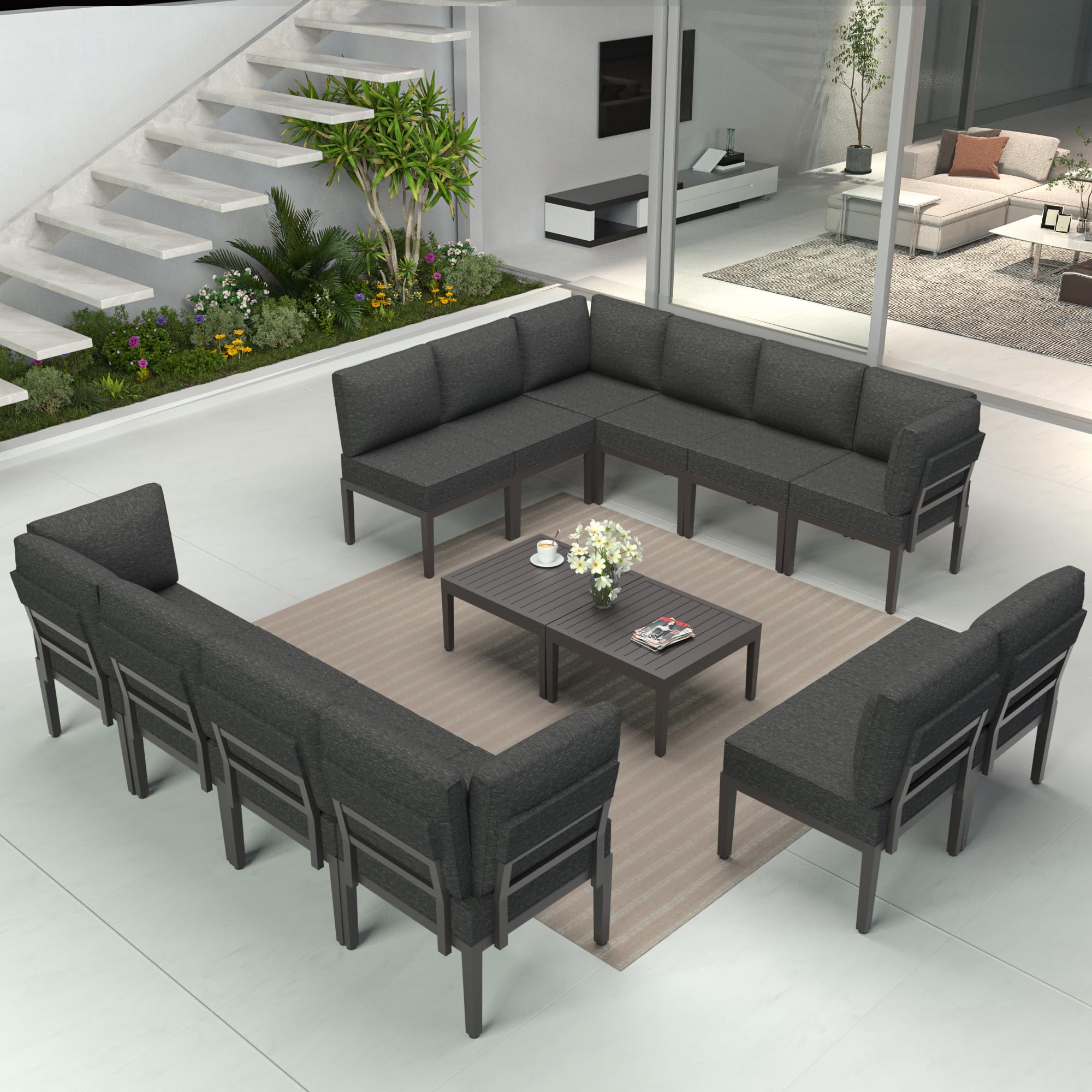 Rwnnad Patio Furniture Set,14 Pieces Modern Outdoor Conversation Set, Outdoor Metal Sectional Sofa with Thick Cushion and Coffee Table, Dark Grey