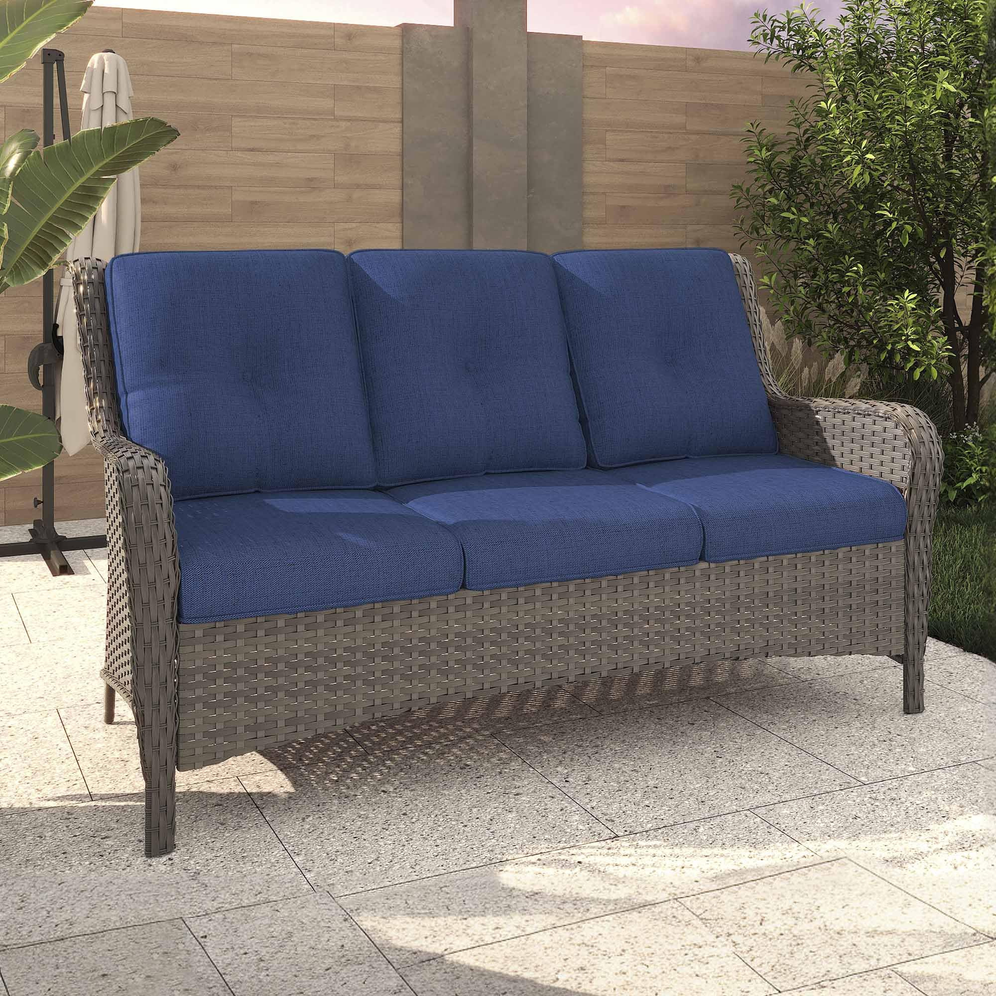 Yokayoay Outdoor Couch Patio Sofa 3 Seater, Wicker Sofa with Seat and Back Cushion, Lounge Couch Furniture for Porch, Backyard, Balcony, Deck