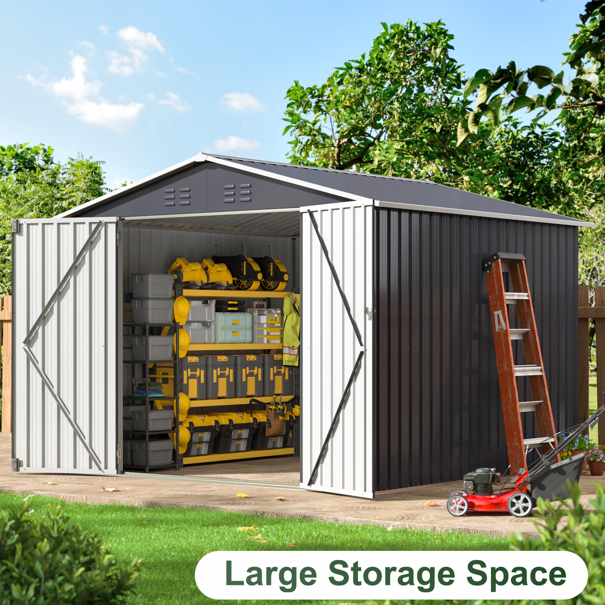 WKM 8x8 FT Outdoor Storage Shed, Utility Metal Tool Storage with Lockable Doors and Updated Frame Structure, Large Metal Garden Shed for Backyard, Patio Lawn, Black