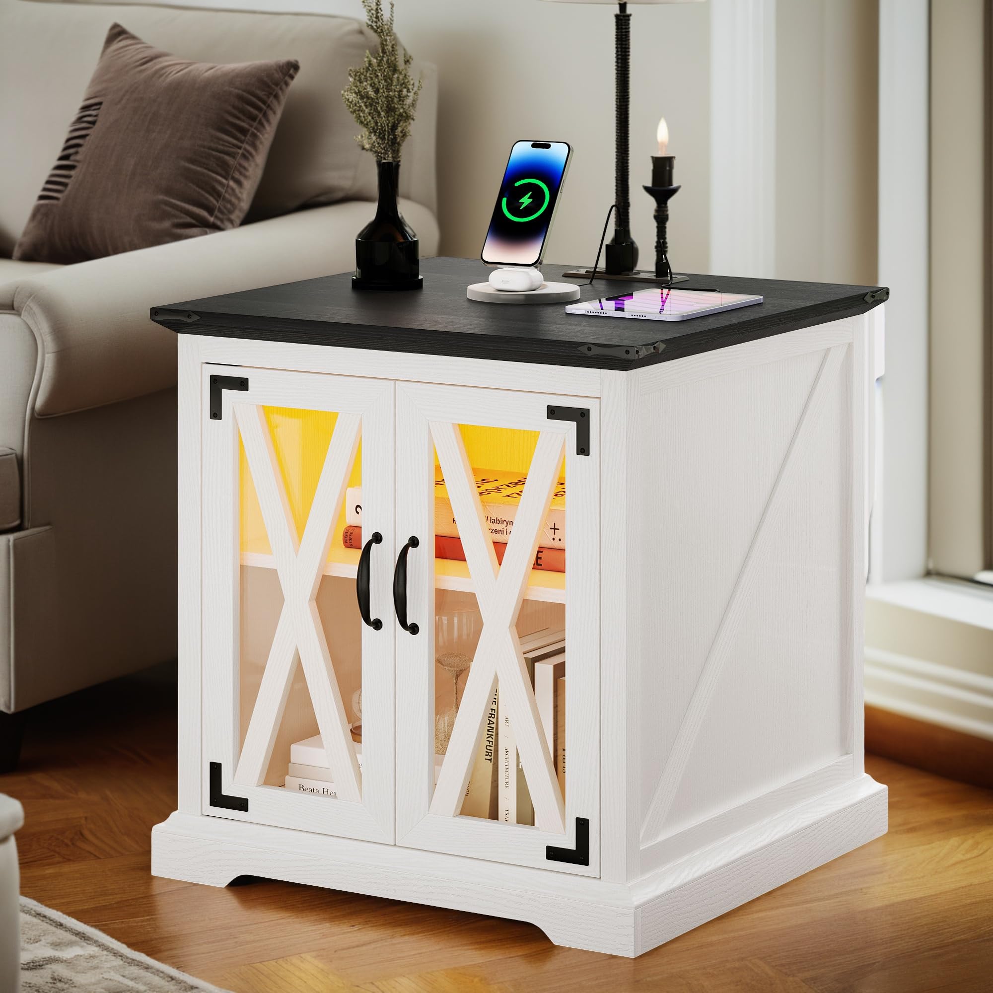 DWVO Farmhouse End Table, Sofa Side Coffee Table with Charging Station and LED Lights, Nightstand with Adjustable Storage Shelf, Bedside Table for Living Room, Bedroom, White