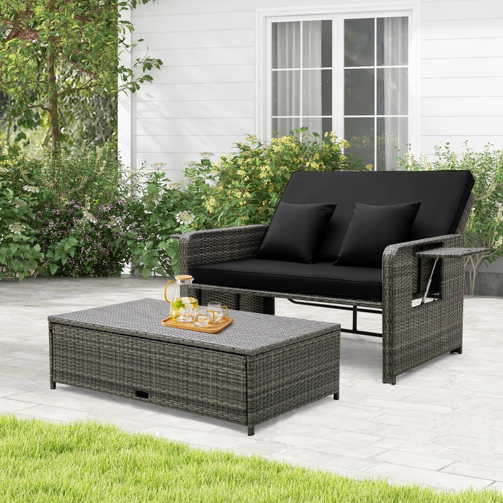 Tangkula Patio Rattan Daybed Set, Wicker Loveseat Sofa w/Multipurpose Ottoman & Retractable Side Tray, 4-Level Adjustable Backrest, Footstool w/Storage, Seat & Back Cushion Included