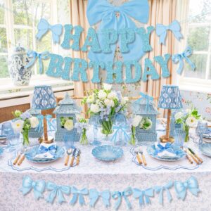 Bow Happy Birthday Banner Garland, Pre-Strung Blue Coquette Bow Birthday Banner for Bow Birthday Party Decorations, Coquette Birthday Decortions, Bow Party Decorations