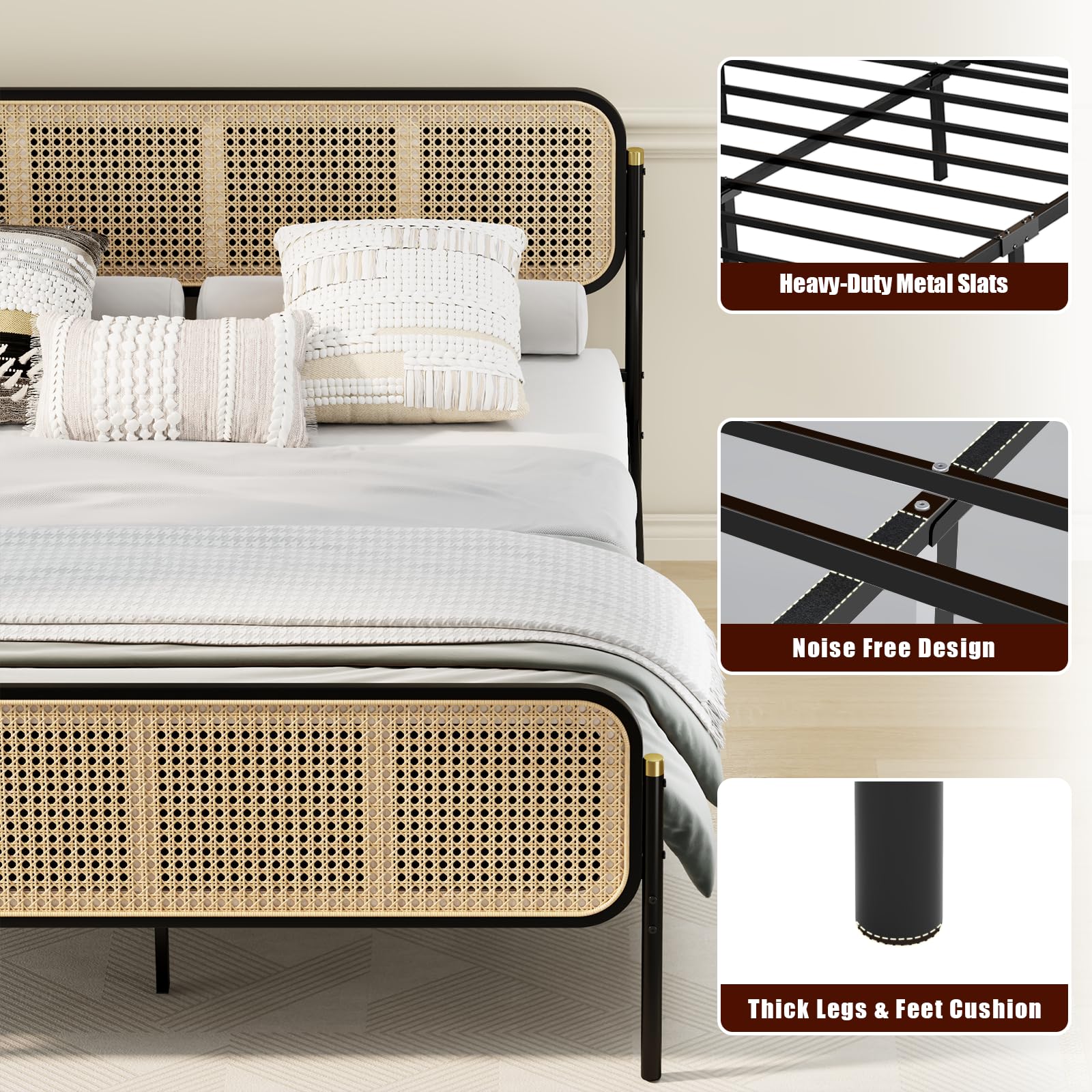 VOPEAK Rattan Bed Frame Full Size with Headboard, Boho Bed Frame, Full Bed Frame with Strong Metal Slats Support, Easy Assembly Mattress Foundation, Noise Free, No Box Spring Needed, Black