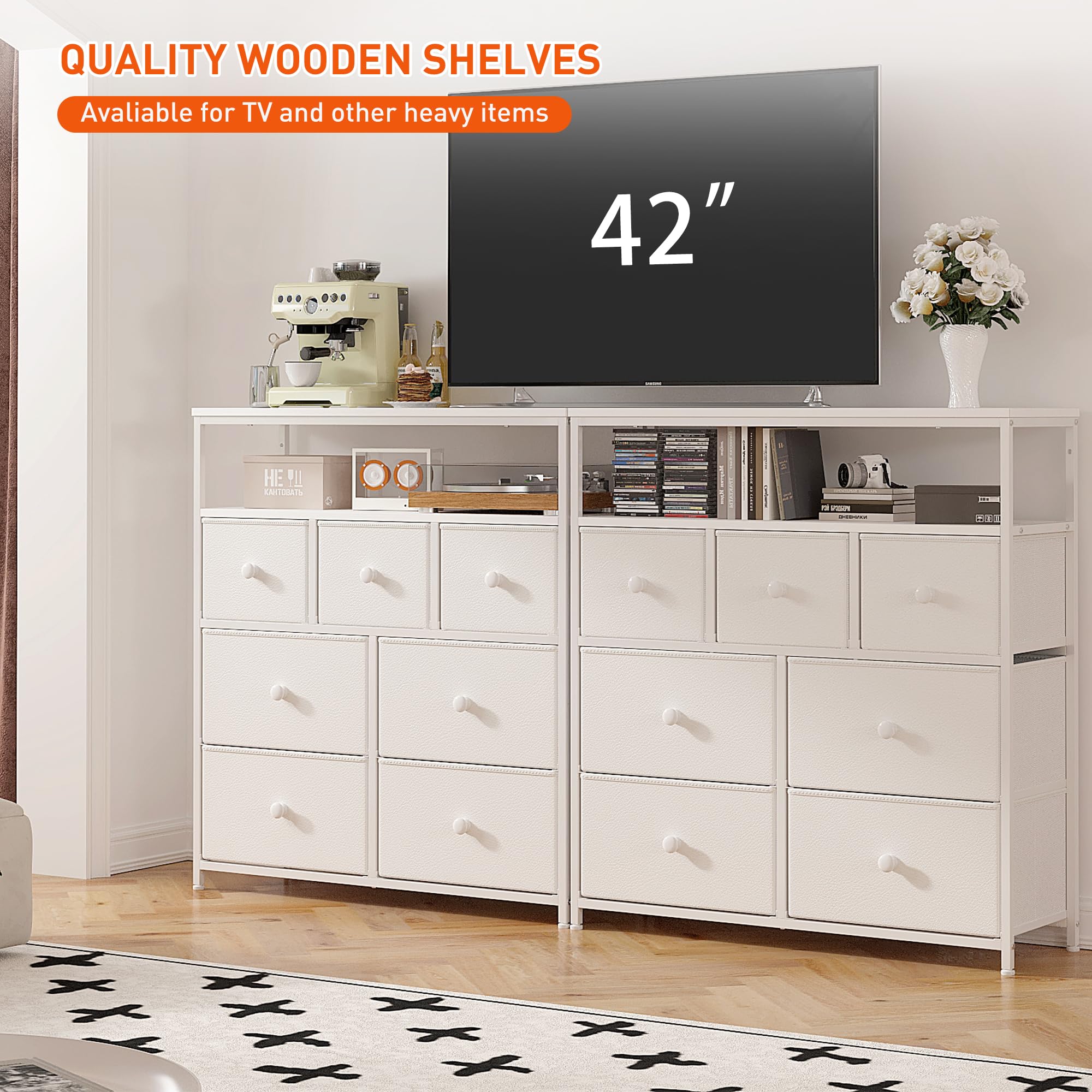 EnHomee White Dresser, Dresser for Bedroom with 7 Storage Drawers, Cute Dresser & Fabric Dresser for Bedroom, Bedroom Dresser with Wood Top and Metal Frame, Closet Dresser for Living Room