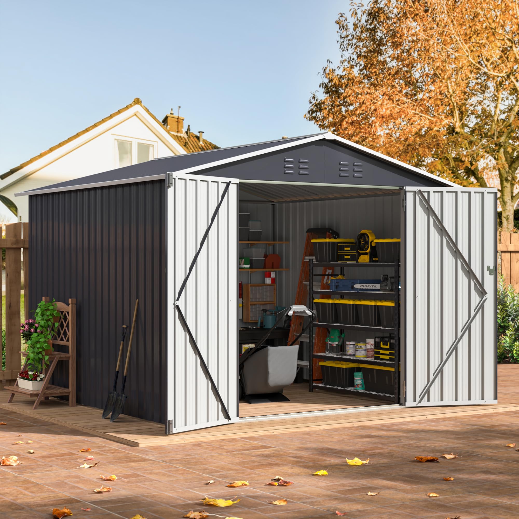 WKM 8x8 FT Outdoor Storage Shed, Utility Metal Tool Storage with Lockable Doors and Updated Frame Structure, Large Metal Garden Shed for Backyard, Patio Lawn, Black