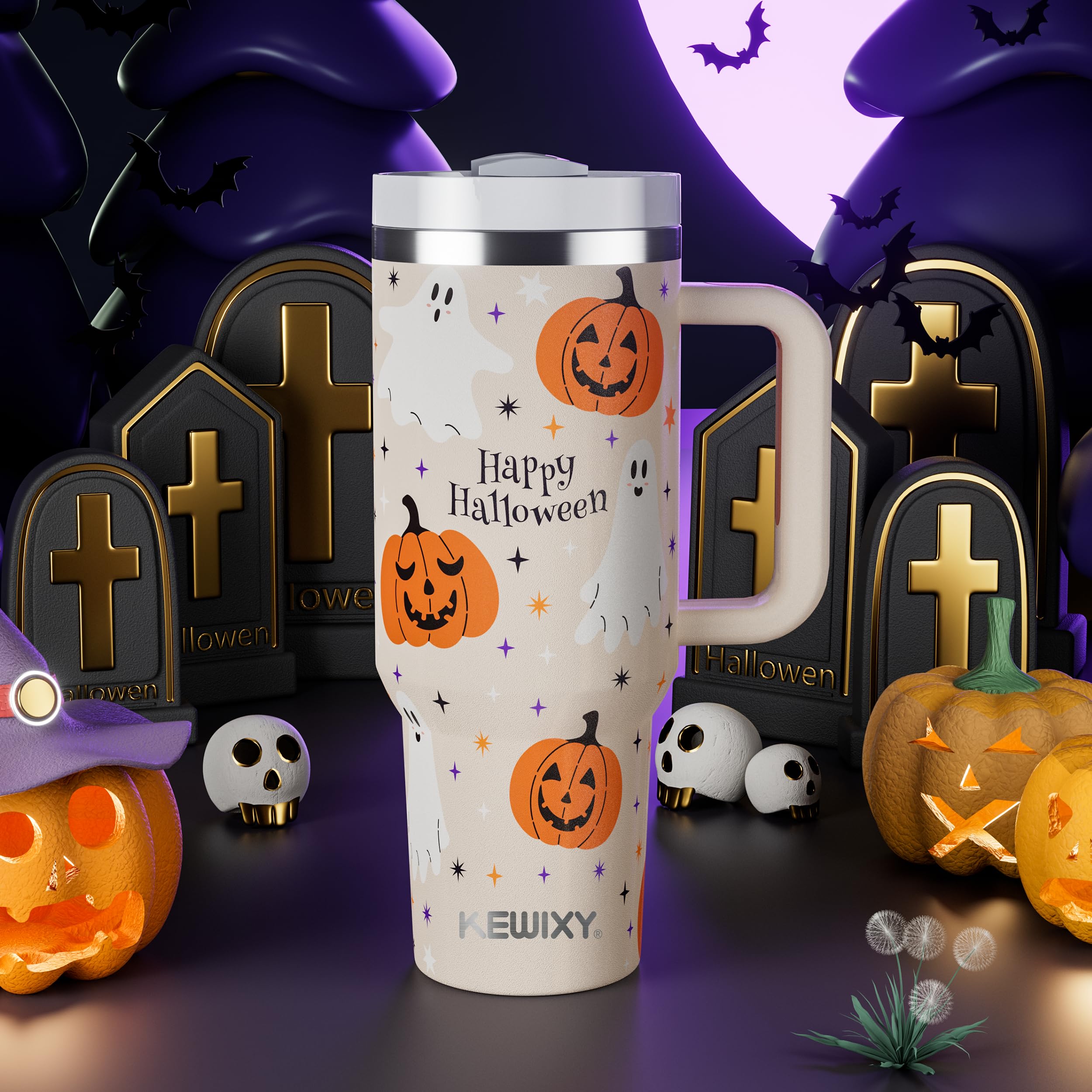 KEWIXY Halloween Ghost 40 Oz Tumbler With Handle and Straw, Stainless Steel Double Walled Vacuum Insulated Cup, Holiday Gifts for Women Men (Cute Ghost)