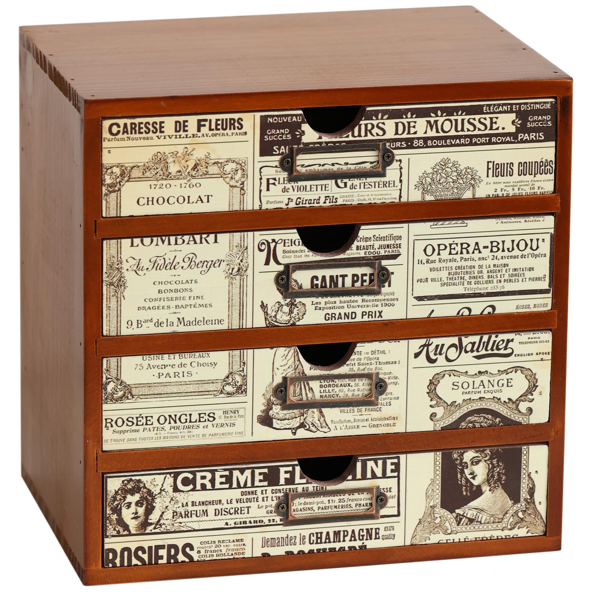 4-Drawer Vintage Ephemera Pattern Desktop Organizer - Arts and Craft Newspaper Design Desk Storage Cabinet - Ephemera Wood Shelf Drawers with Label Holders - Scrapbook Collecting