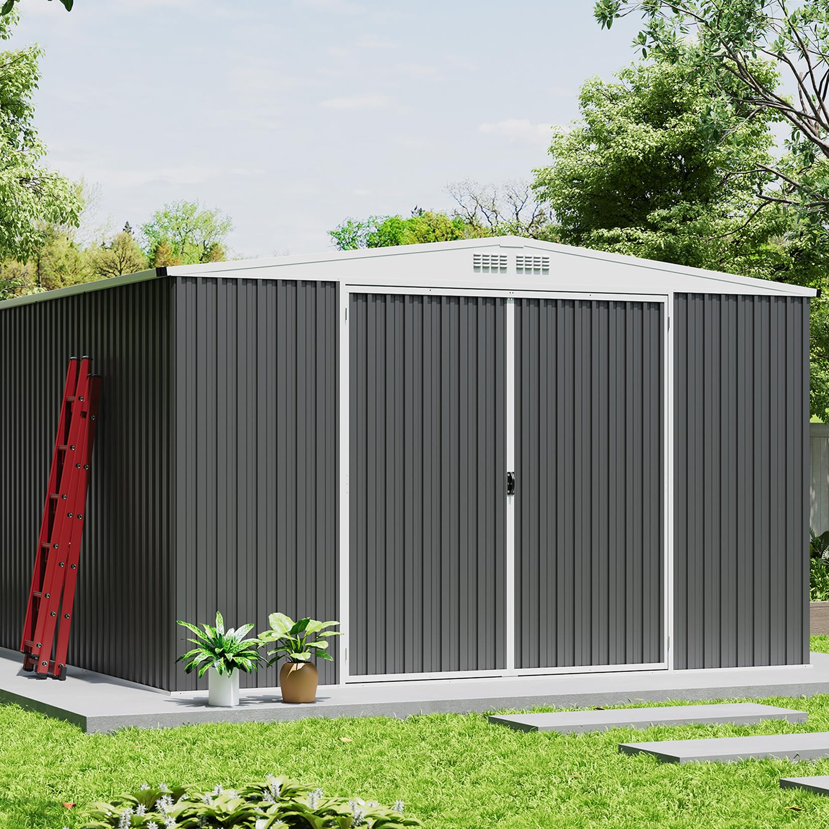 GarveeLife 10x10 Shed for Outdoor Storage, Galvanized Steel Metal Tool Sheds House with Lockable Doors, Lock & Air Vent, Large Utility Sheds for Patio Garden Lawn