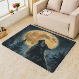 Tzvjxln Wolf Moon Rugs for Living Room Bedroom - Howling Wolf Rug 4x6 Animal Carpet for Home Decor - Washable Non Slip Patterned Indoor Small Area Rug - Soft & Low Pile