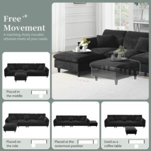 ONEMMLION L Shape Sectional Cloud Couches for Living Room, 110" Comfy Modular Sectional Sofa with Ottoman, Modern Fluffy Chenille 5-Seater Convertible Sofa Set with Chaise Lounge, Black