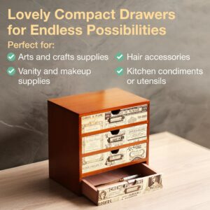 4-Drawer Vintage Ephemera Pattern Desktop Organizer - Arts and Craft Newspaper Design Desk Storage Cabinet - Ephemera Wood Shelf Drawers with Label Holders - Scrapbook Collecting