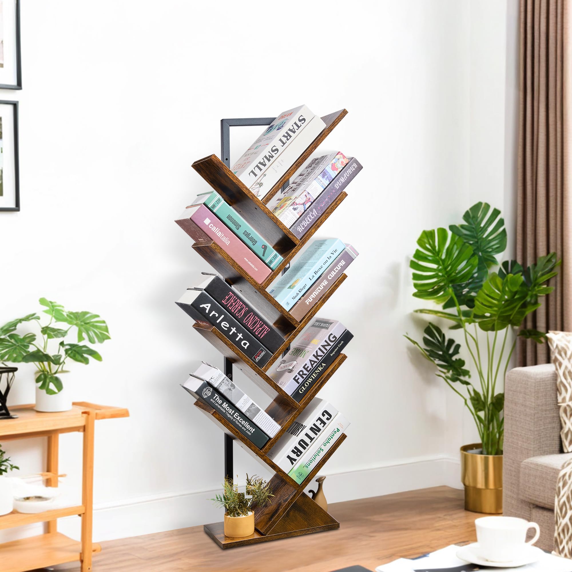 Hupillyur Tree Bookshelf - 9 Shelf Retro Floor Standing Bookcase, Tall Wood Book Storage Rack for CDs/Movies/Books, Utility Book Organizer Shelves for Bedroom, Living Room, Home Office