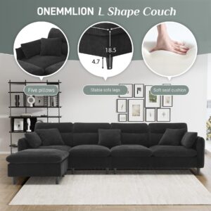 ONEMMLION L Shape Sectional Cloud Couches for Living Room, 110" Comfy Modular Sectional Sofa with Ottoman, Modern Fluffy Chenille 5-Seater Convertible Sofa Set with Chaise Lounge, Black