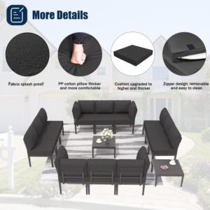 Rwnnad Patio Furniture Set,14 Pieces Modern Outdoor Conversation Set, Outdoor Metal Sectional Sofa with Thick Cushion and Coffee Table, Dark Grey