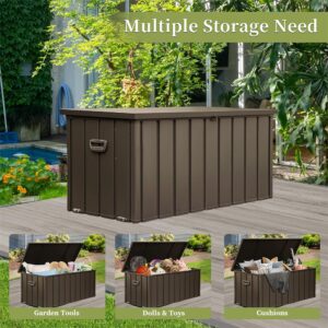 VYUJPTY 200 Gallon Metal Deck Box, Heavy Duty Outdoor Storage Box Waterproof with Wheels & Side Handle, Lockable Deck Box for Outdoor Patio Storage, Outdoor Toy Storage, Garden Pool Tools, Dark Brown