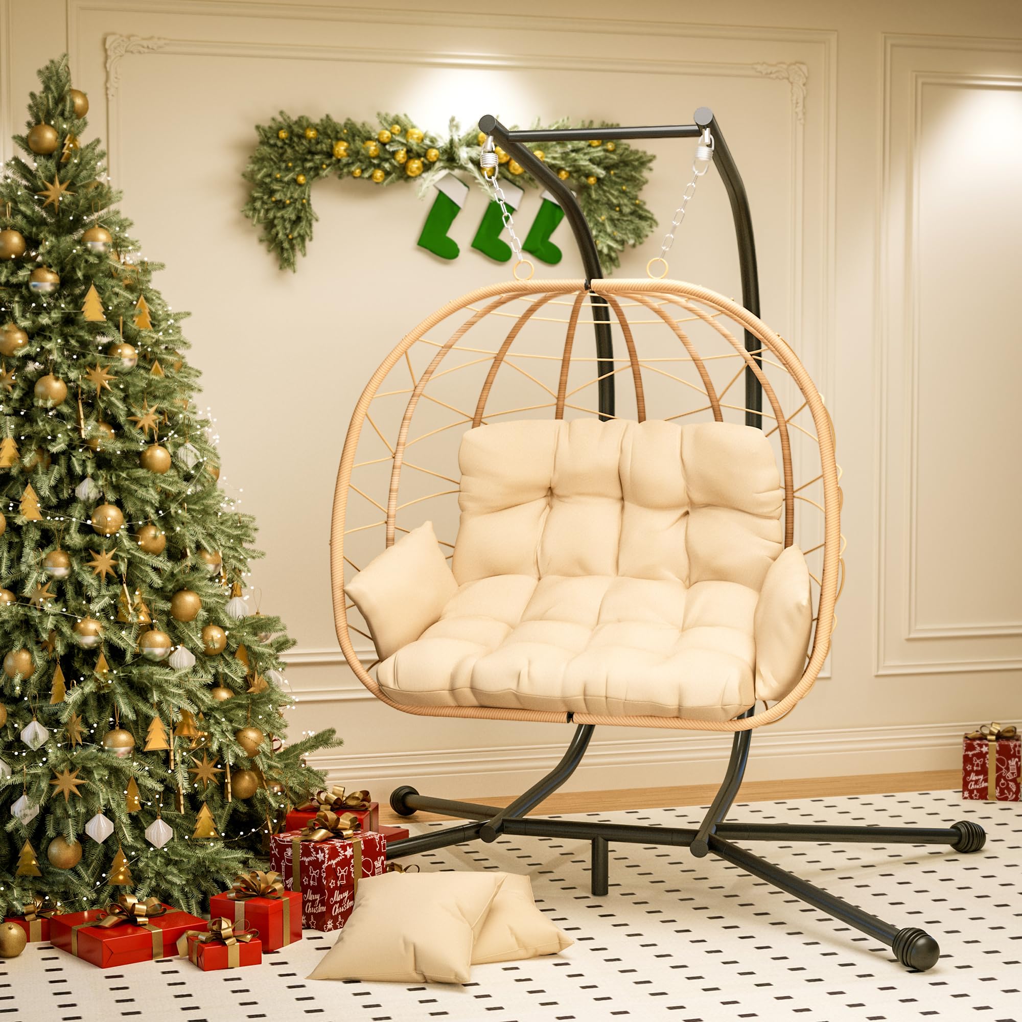 Pamapic Double Swing Egg Chair,Love Seat Proch Swing Egg Chair, 700 LBS Hanging Egg Chair with UV Resistant Wicker, Patio Furniture Waterproof Cushions Hammock Chair with Stand and Armrest, Beige