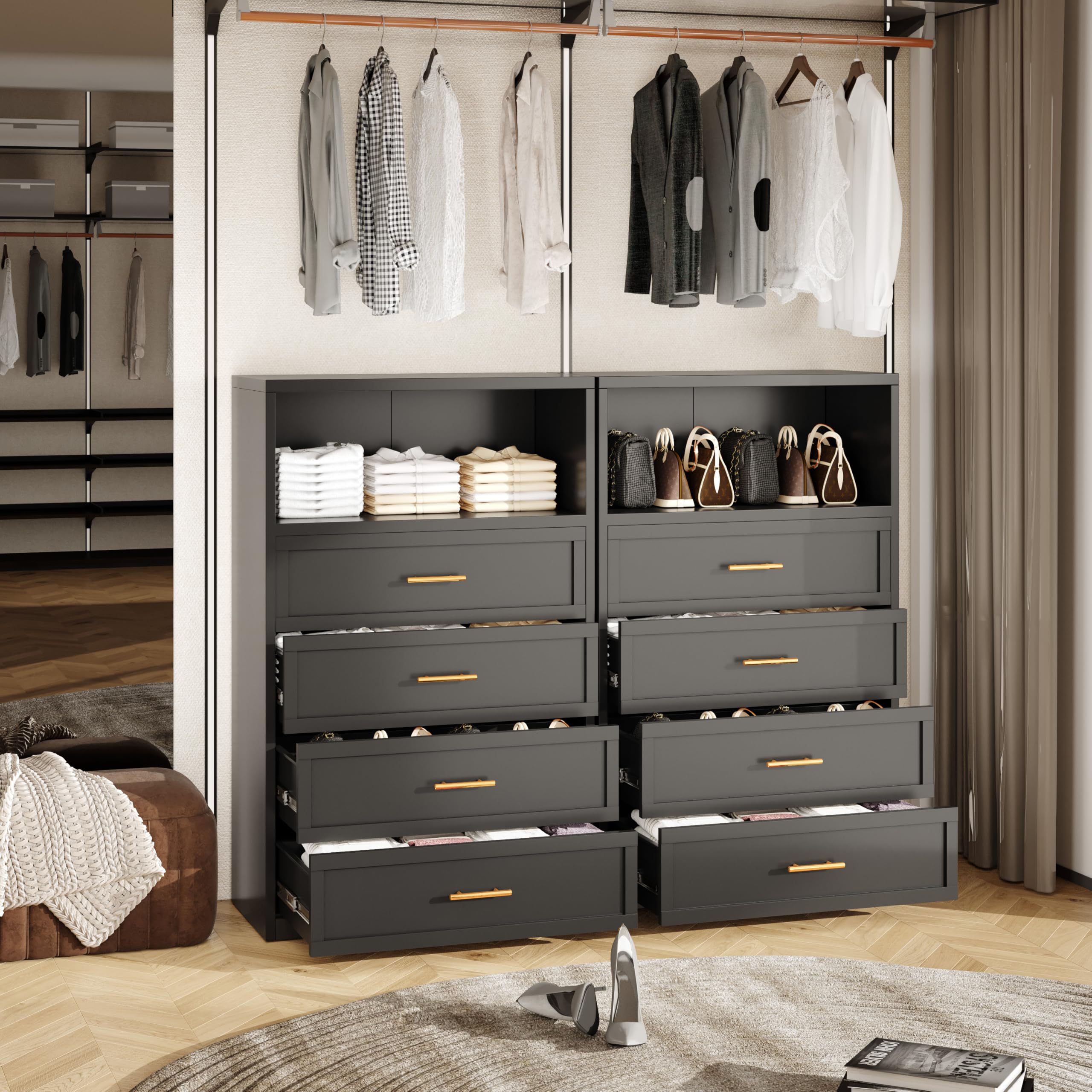 RISTERN 4-Drawer with Hollow Metal Dresser for Bedroom, Closet Dressers Chest with Fluted Panel, Tall Wide Dresser, Large Storage Space for Bedroom, Living Room, Black, 15.75" D x 31.5" W x 52.44" H