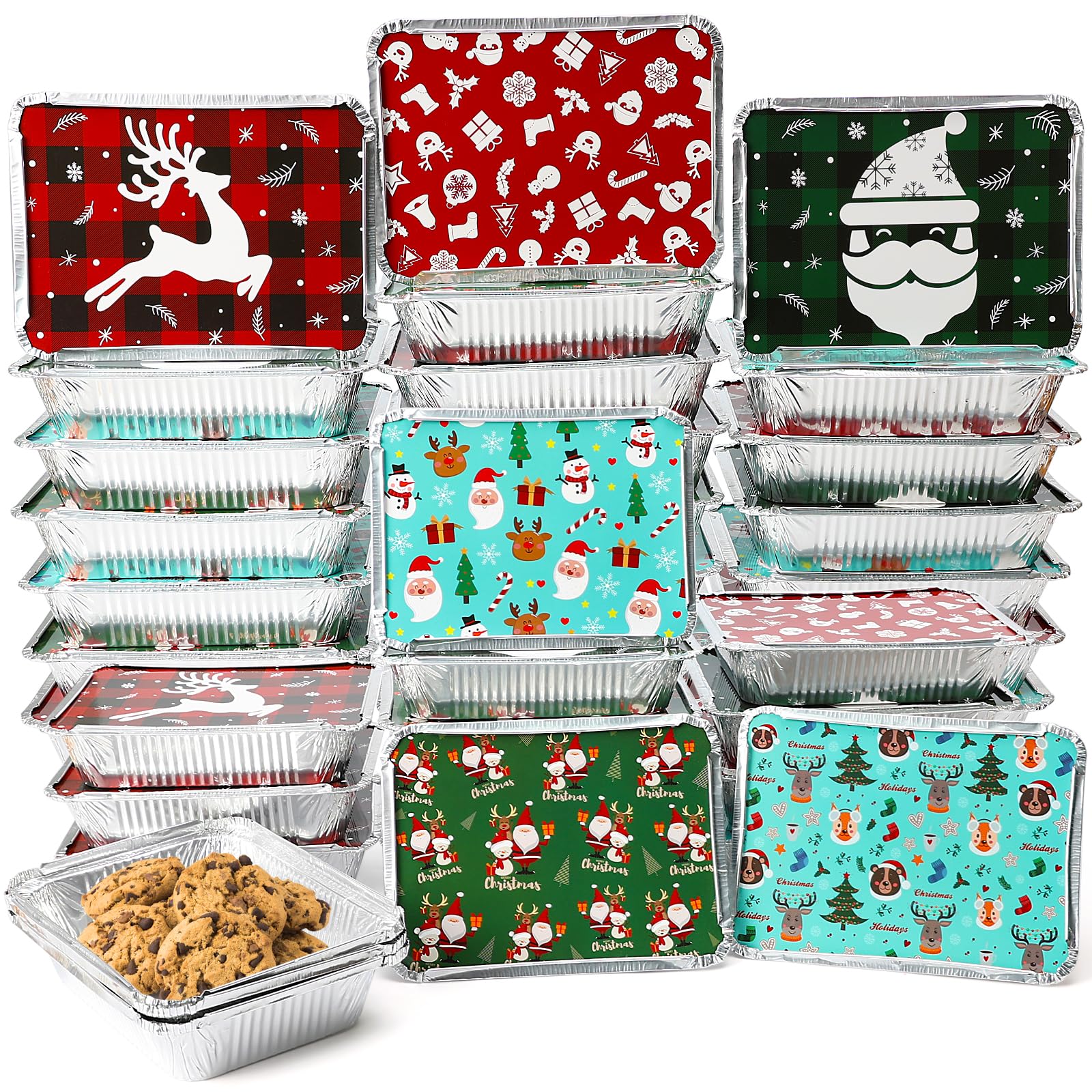 BYKITCHEN Christmas Foil Food Containers with Lids for Gifts, Set of 30, Christmas Cookie Treat Leftover Containers, Christmas Tins Christmas to Go Containers for Holiday Gift Giving(8.4x6.1in)