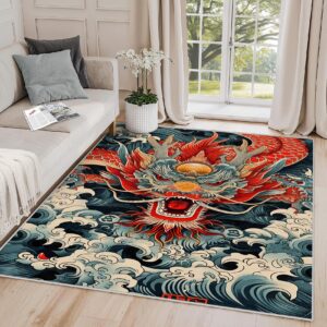 yoozitrees japanese rug 5x7 - chinese dragon rug, 8x10 rug, fantasy animal great wave area rug, oriental asian carpet, washable & non slip & soft large rugs, chinese dragon home decor gifts