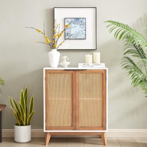 EFURDEN Sideboard Buffet, Kitchen Storage Cabinet with Rattan Decorated Doors, Accent Cabinet with Solid Bamboo Feet, Waterproof Tabletop and Large Storage Space-White