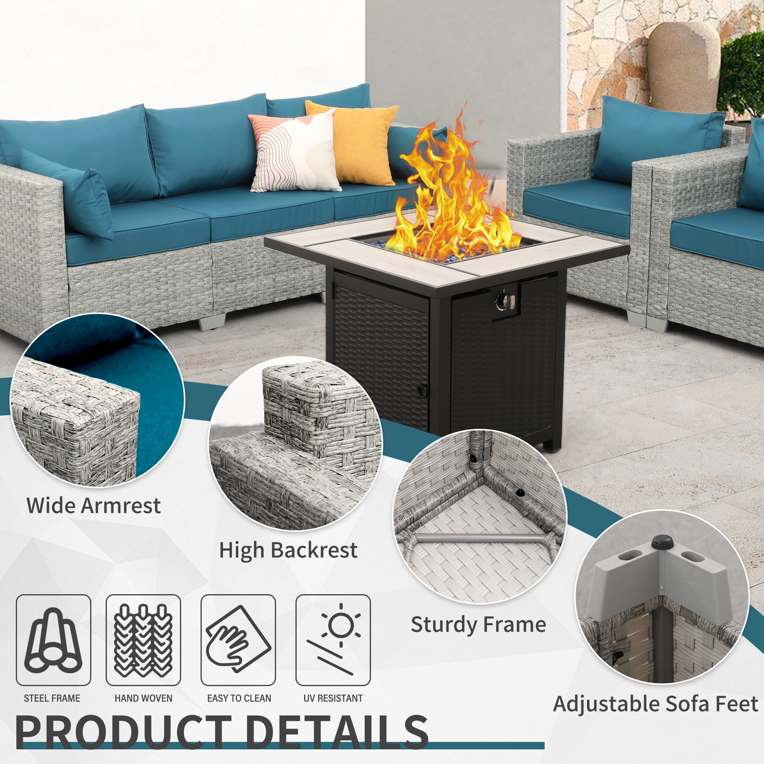 WAROOM 4 Piece Patio Furniture Set with Fire Pit Table Grey Wicker Outdoor Couch Balcony Sofa Patio Conversation Sets PE Rattan Chair, Peacock Blue Cushion