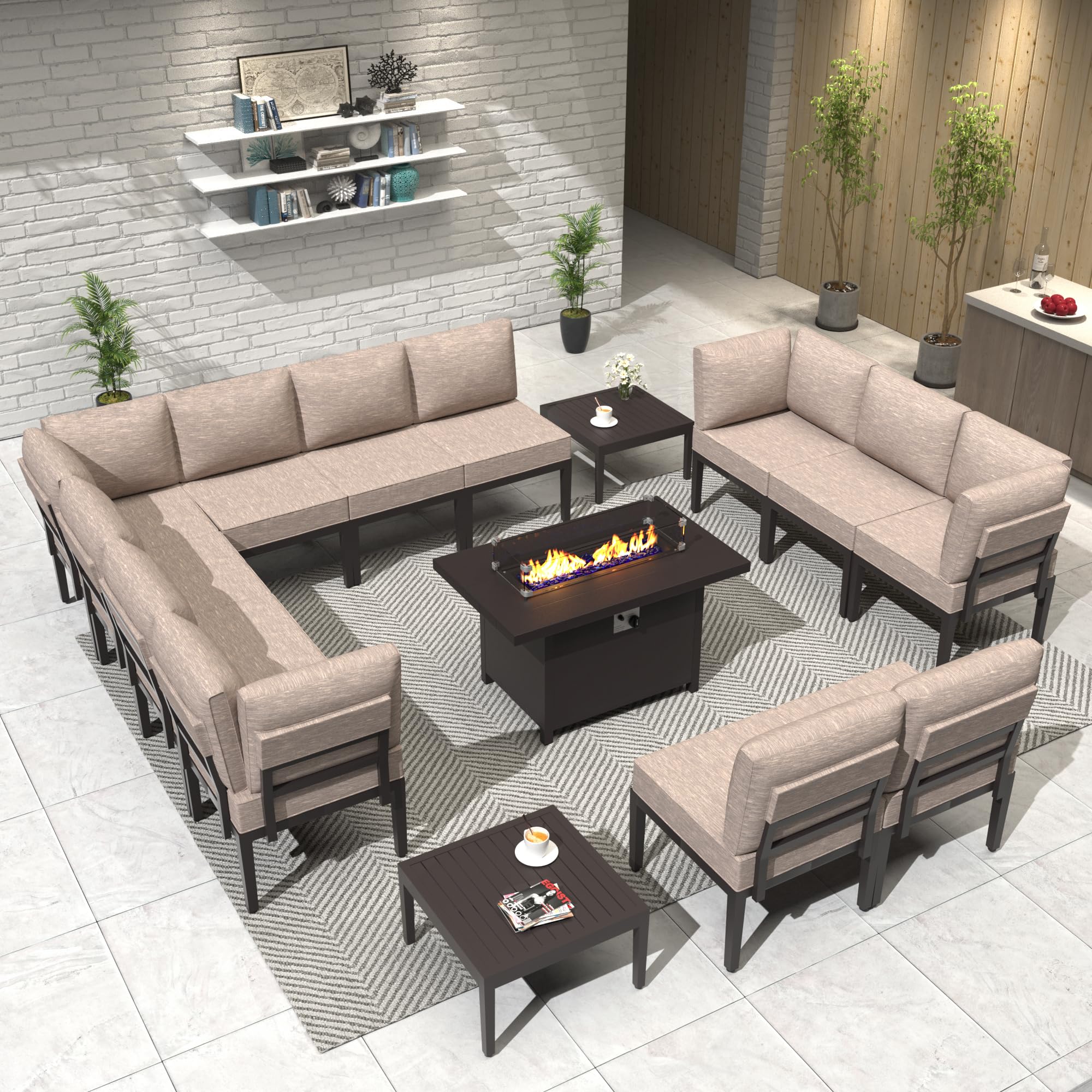 Rwnnad Modern Patio Furniture Set, 15 Pieces Modern Patio Conversation Set w/43in Gas Fire Pit Table, Outdoor Metal Sectional Sofa with Coffee Table, Sand