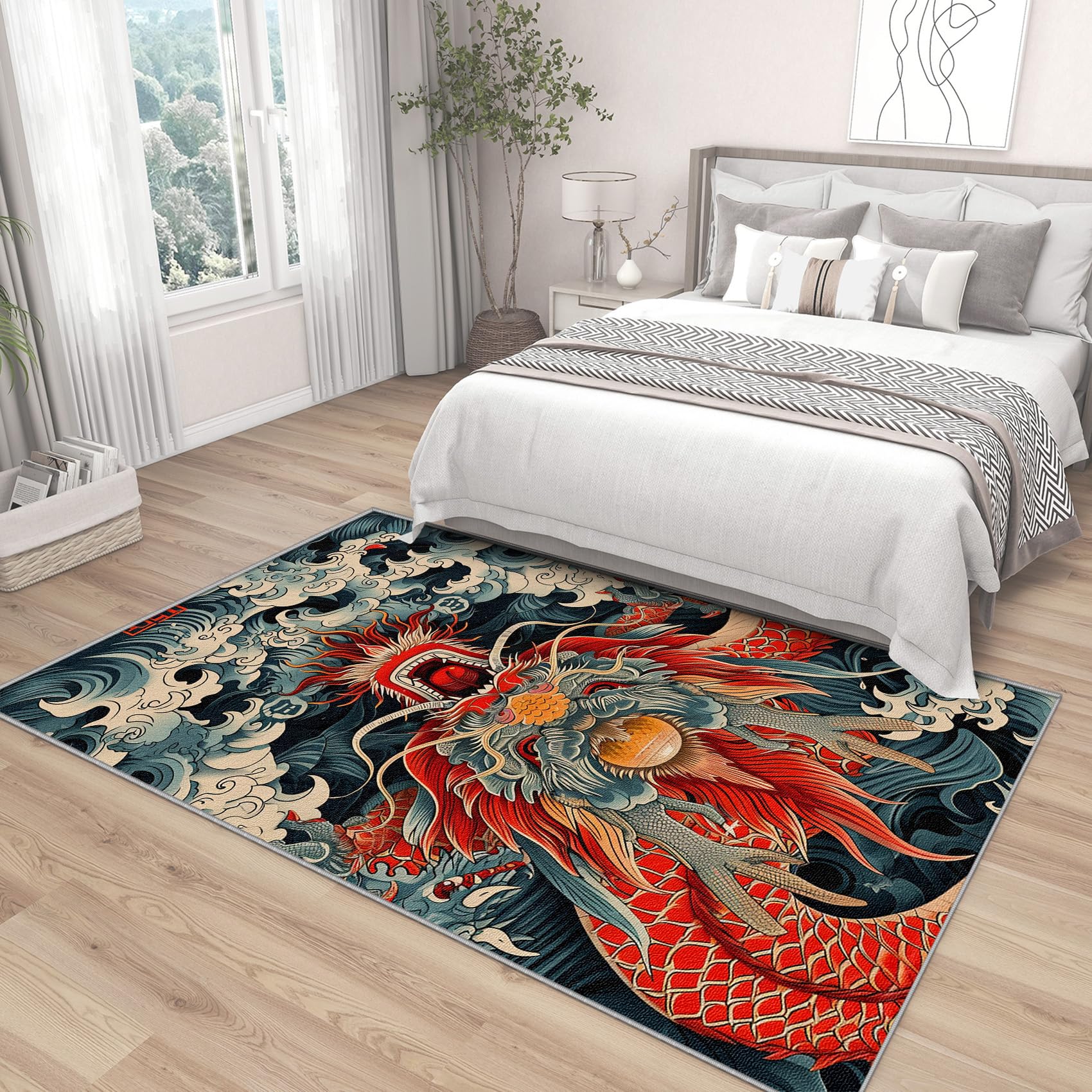 Yoozitrees Japanese Rug 5x7 - Chinese Dragon Rug, 8x10 Rug, Fantasy Animal Great Wave Area Rug, Oriental Asian Carpet, Washable & Non Slip & Soft Large Rugs, Chinese Dragon Home Decor Gifts