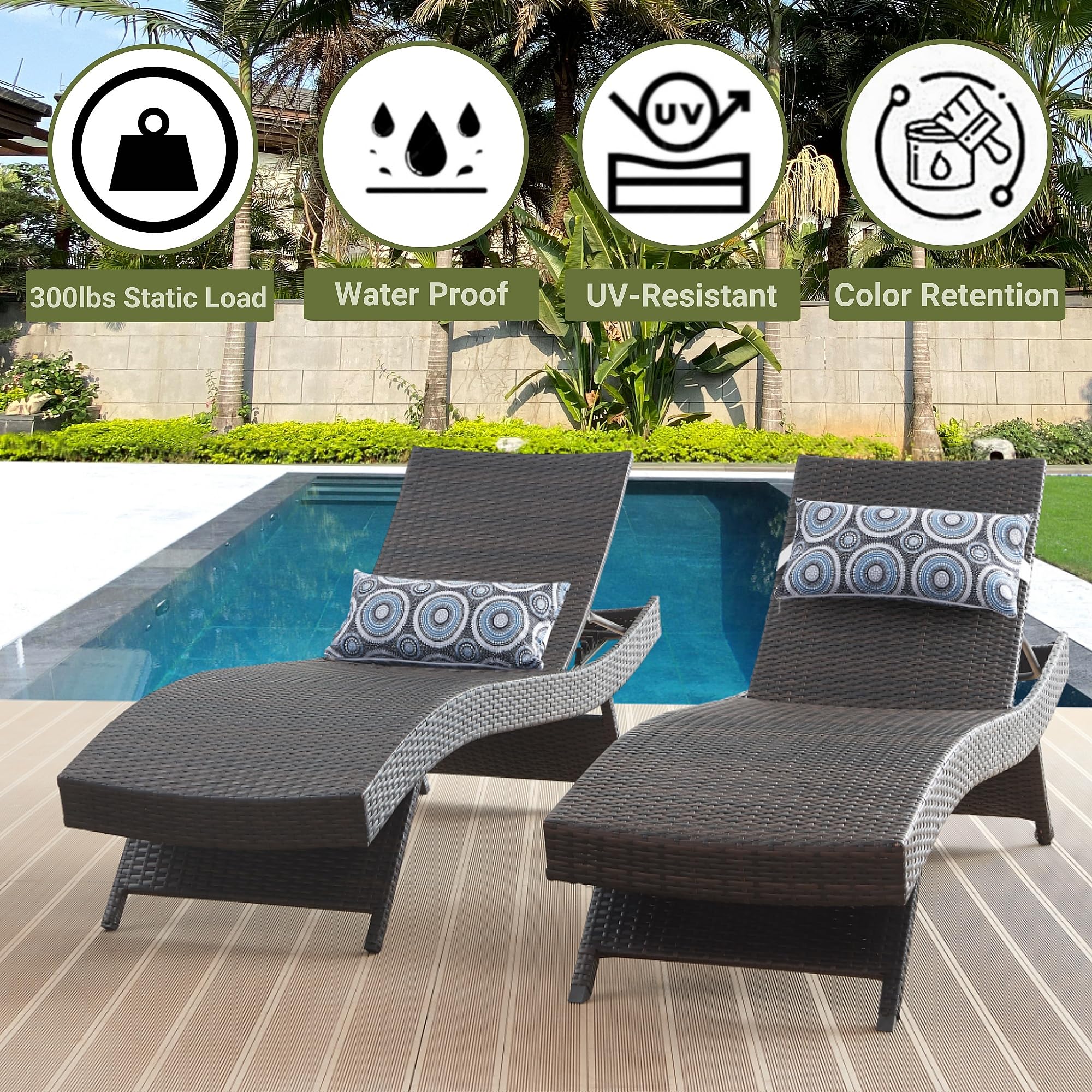 79" Long Reclining Chair with Back Cushions, Foldable Reclining Lounge Chair Set of 2, Dark Brown Outdoor Wicker Reclining Chaise Longue Chair, Adjustable Backrest, Patio Rattan Lawn Sunbathing Chair