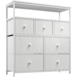 enhomee white dresser, dresser for bedroom with 7 storage drawers, cute dresser & fabric dresser for bedroom, bedroom dresser with wood top and metal frame, closet dresser for living room