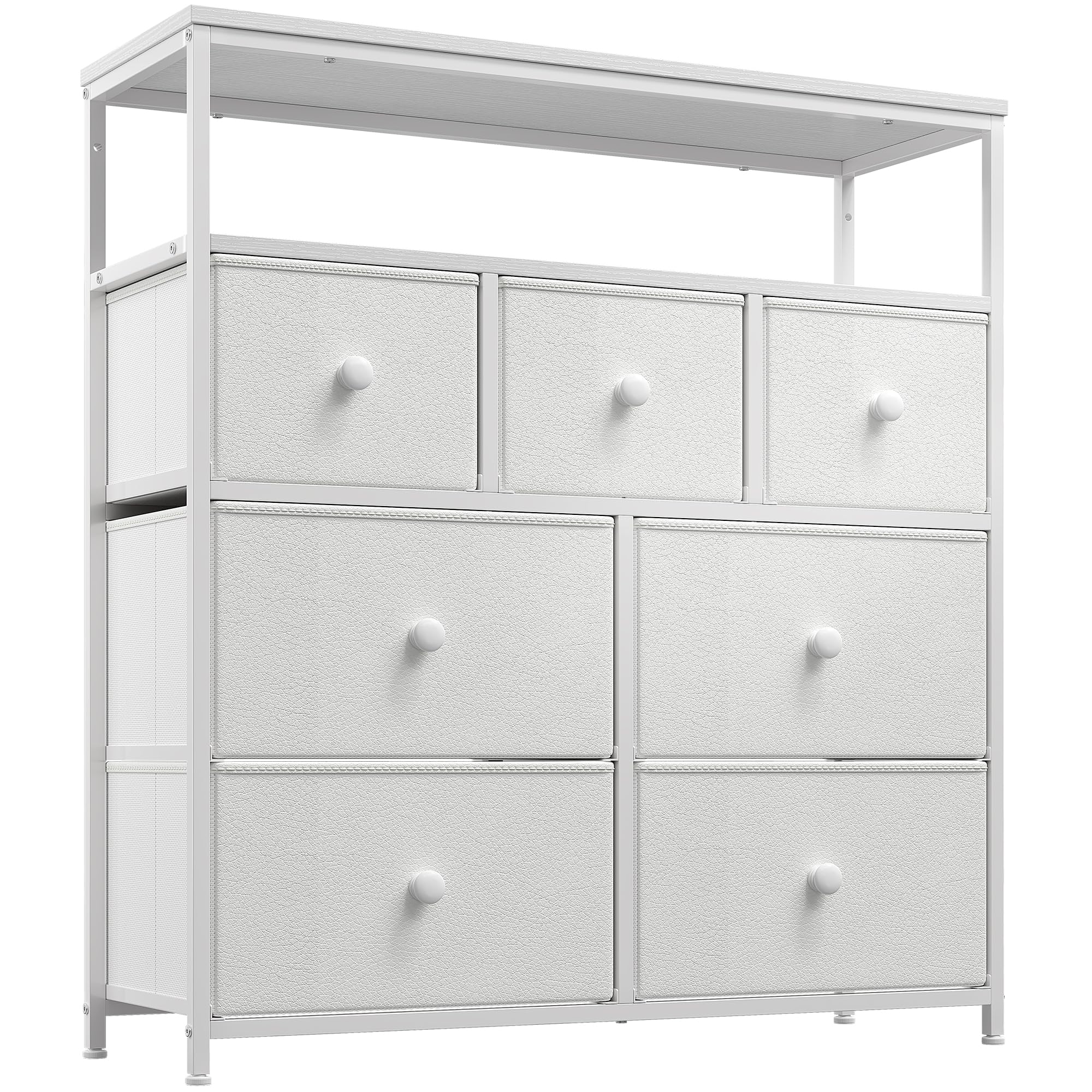 EnHomee White Dresser, Dresser for Bedroom with 7 Storage Drawers, Cute Dresser & Fabric Dresser for Bedroom, Bedroom Dresser with Wood Top and Metal Frame, Closet Dresser for Living Room