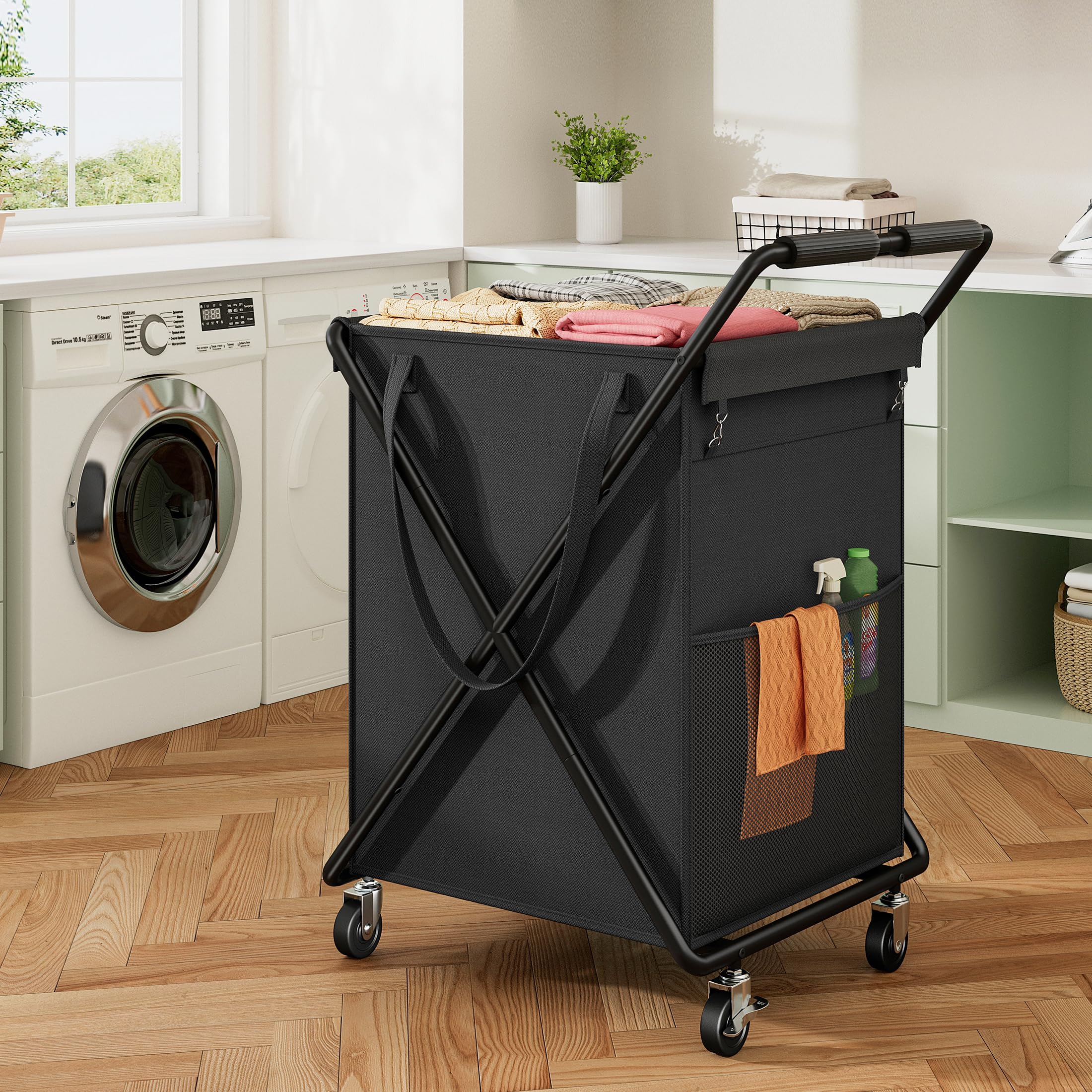 Raybee Laundry Basket with Wheels, 170L Rolling Laundry Basket with Removable Bag & X-Shaped Metal Frame for Clothes Storage, laundry Cart for Laundry Room Organization Laundry Hamper for Dorm (Black)