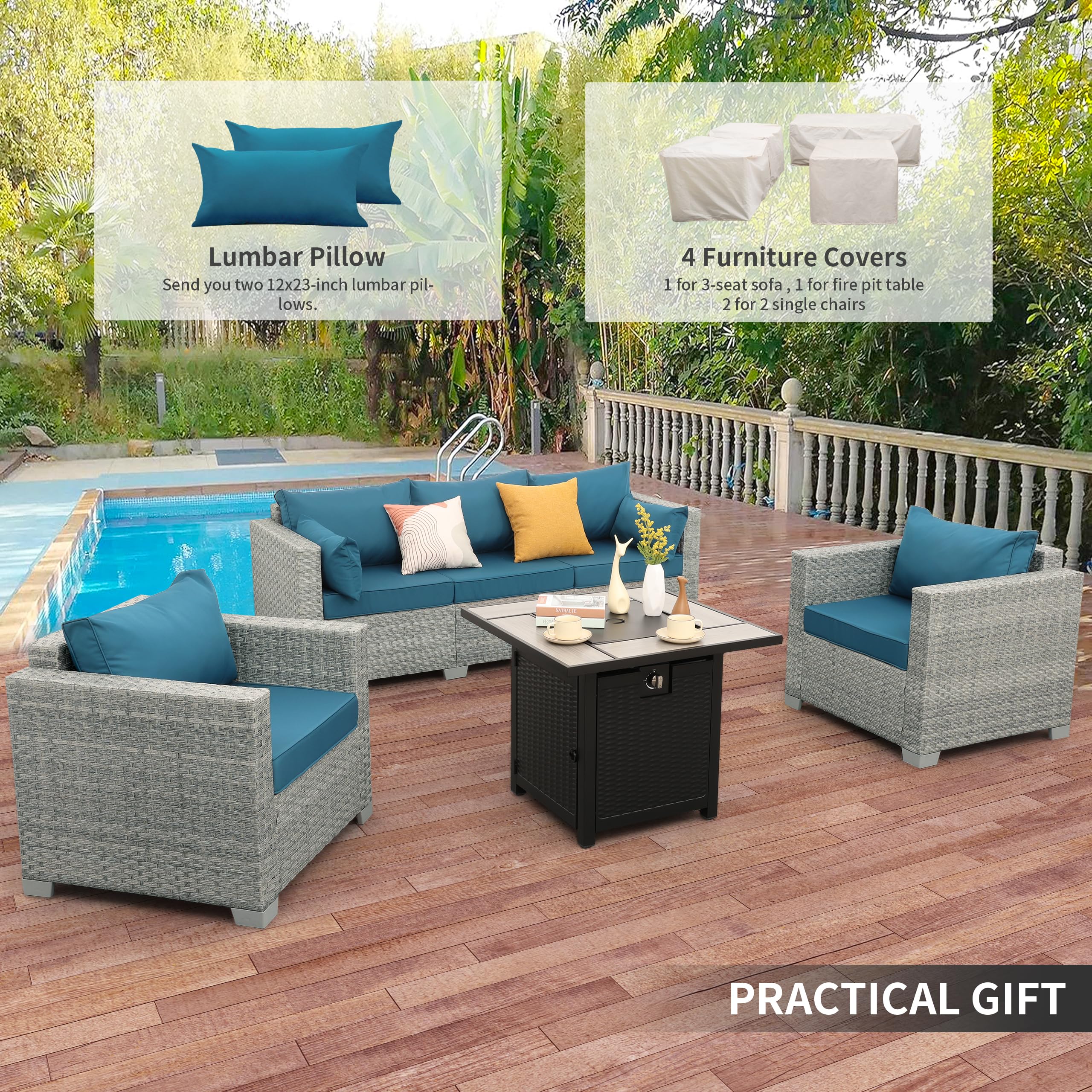 WAROOM 4 Piece Patio Furniture Set with Fire Pit Table Grey Wicker Outdoor Couch Balcony Sofa Patio Conversation Sets PE Rattan Chair, Peacock Blue Cushion