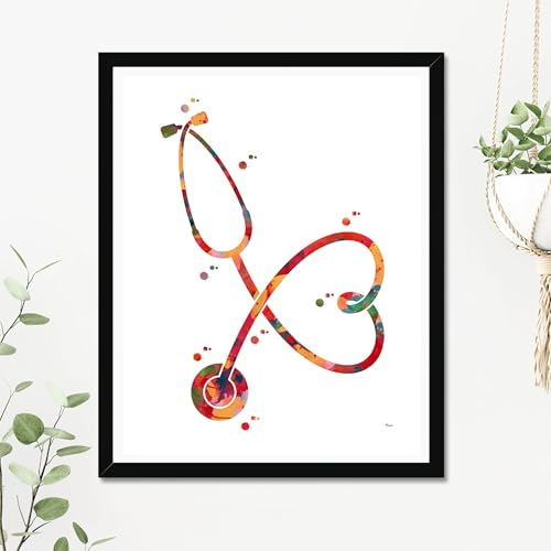 Print Art Stethoscope Watercolor Wall Art Medical Tools Anatomy Art Heart Shaped Stethoscope Love Medicine Wall Art Doctors Nurses,202